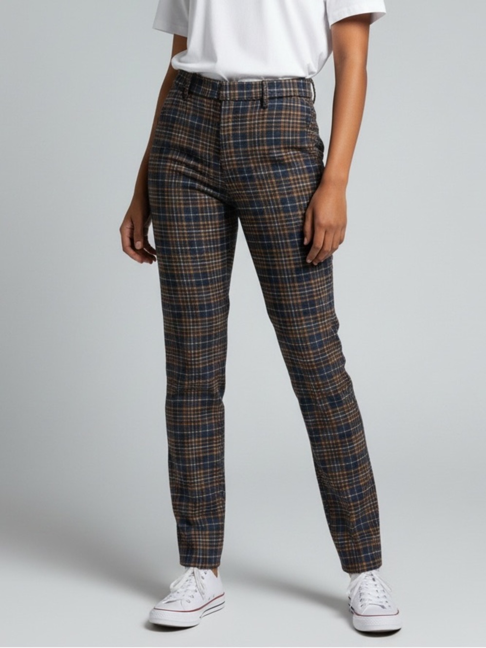 Liverpool High-Rise Plaid Slim Trousers in Brown & Navy
